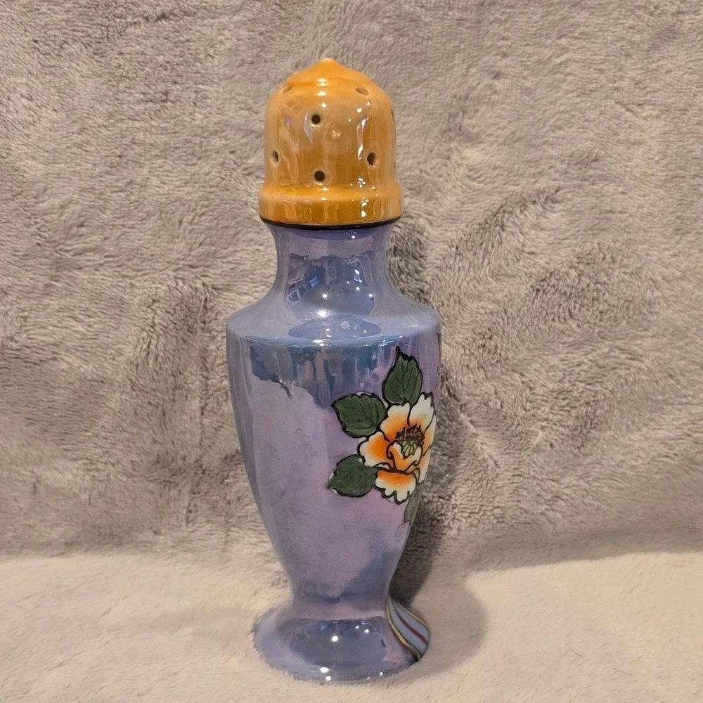 Vintage Japan Lusterware Sugar Shaker Iridescent Blue Floral Butterfly 6.75